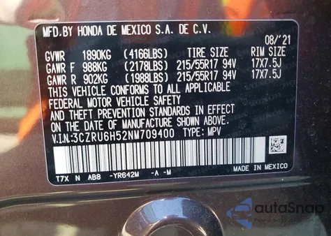 2022 Honda Hr-V Ex z USA, uszkodzony, nr VIN 3CZRU6H52NM709400